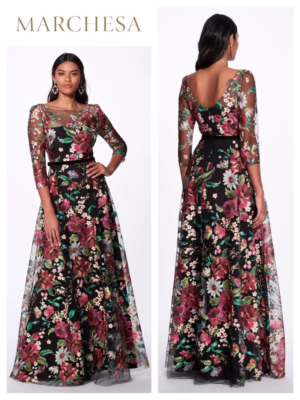 MARCHESA NOTTE Short Sleeve Floral-Embroidered Gown